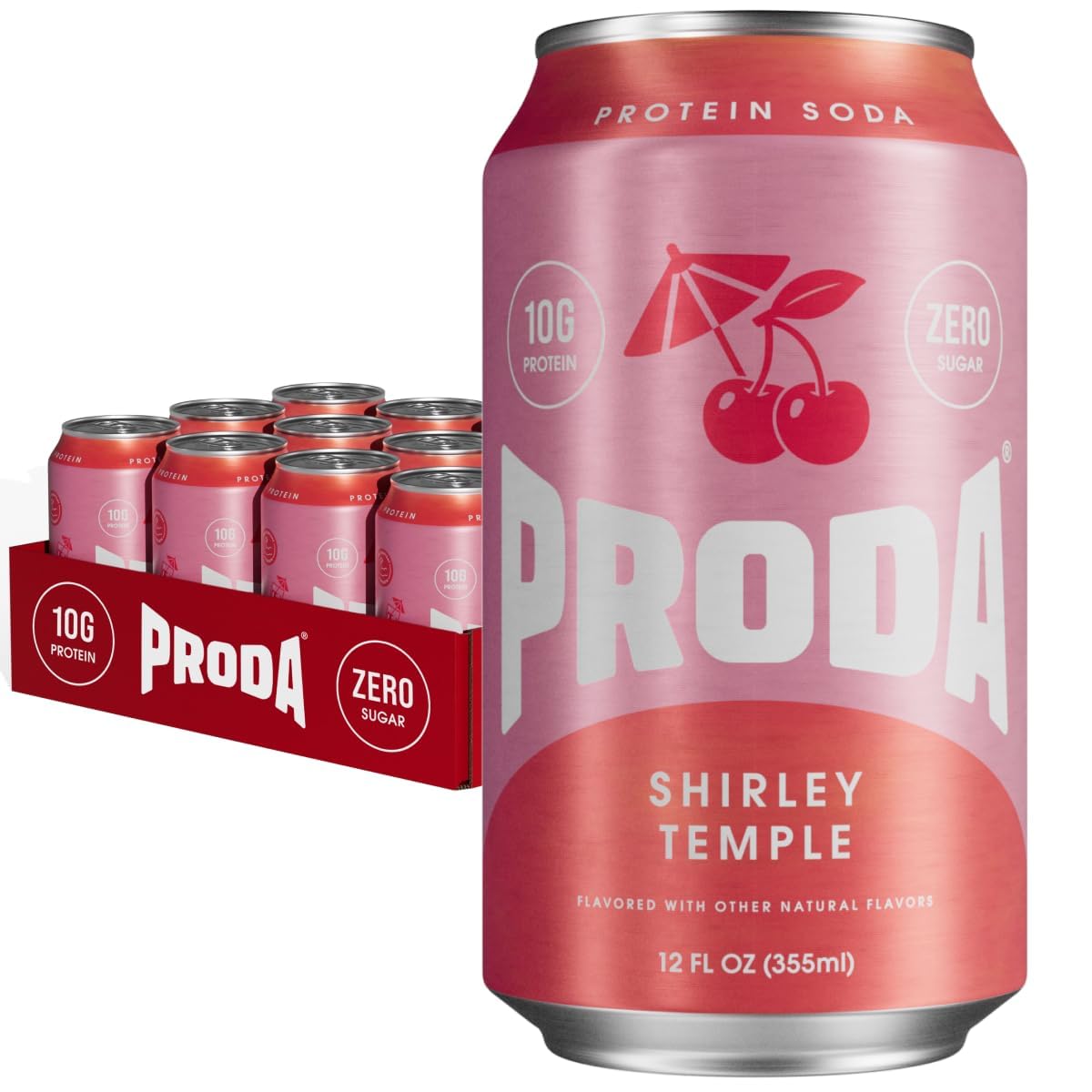Proda Protein Soda, 10g Whey Protein, Zero Sugar, Shirley Temple, 12-Pack