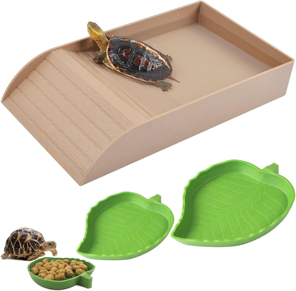 3pcs Tortoise Food Dish with Ramp and Basking Platform Leaf Tortoise Water Food Bowls Reptile Water Dish Turtle Reptile Pool for Amphibians Gray