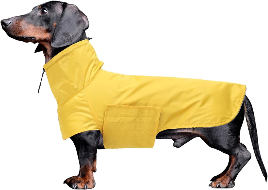 Geyecete Dachshund Raincoat,Miniature Dachshund Raincoat Waterproof Adjustable Dachshund Raincoat with High Neck with Harness Hole for Dachshund-Yellow-L