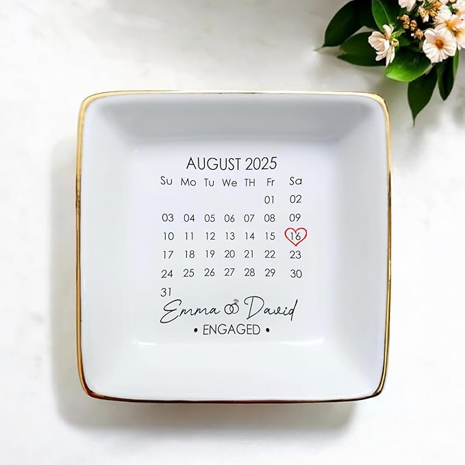 Custom Date Calendar Ring Dish Engagement Gift, Announcement Engaged Trinker - Image 2