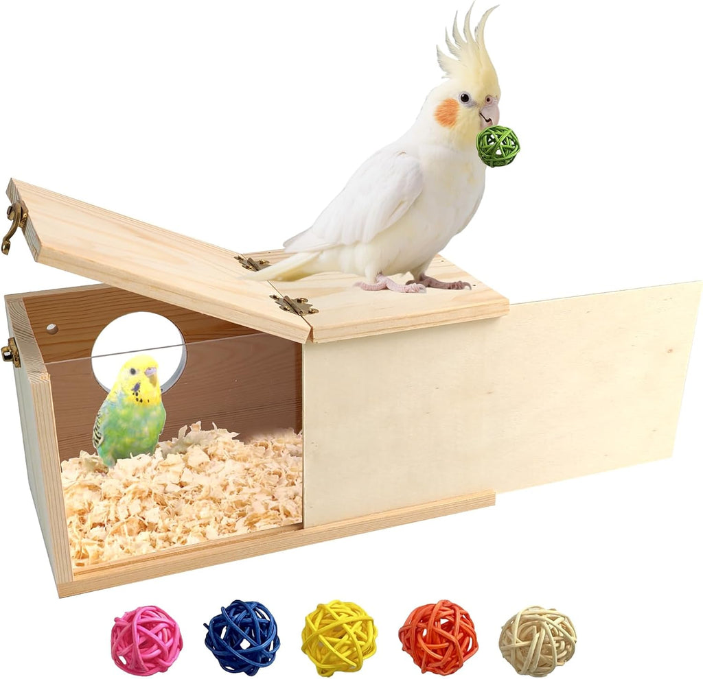 Acrylic Bird Nesting Box,Transparent Parakeet Nesting Box with Perch Natural Wood Cockatiel House for Cage Handcrafted Visible Budgie Breeding Home for Parrots Finches Conures Small Birds