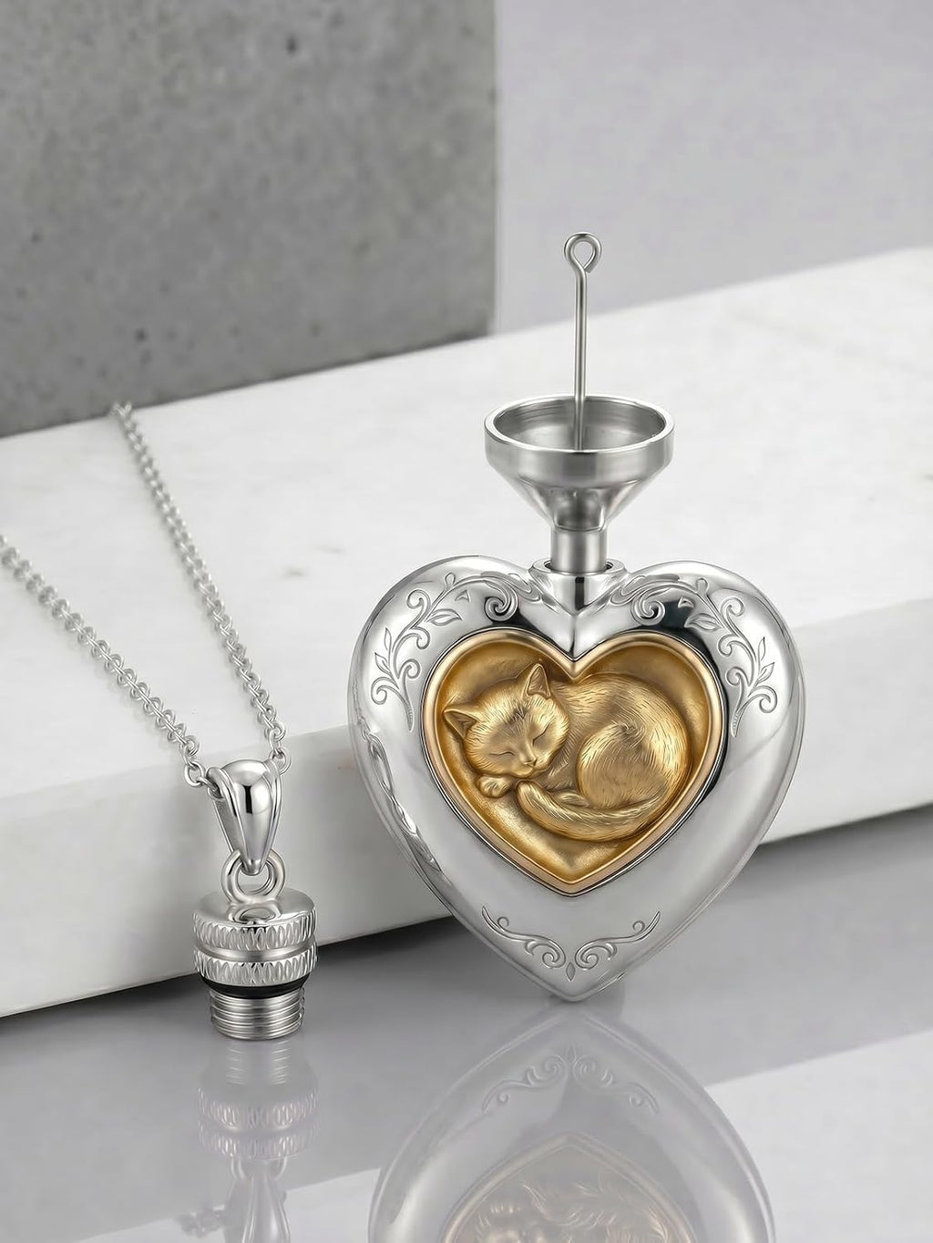 Cat/Dog Cremation Urn Necklace 925 Sterling Silver Two-Tone Heart Pet Urn Necklace Ashes Keepsake Memorial Urn Necklaces for Ashes Adjustable 16+3 Inch with Funnel