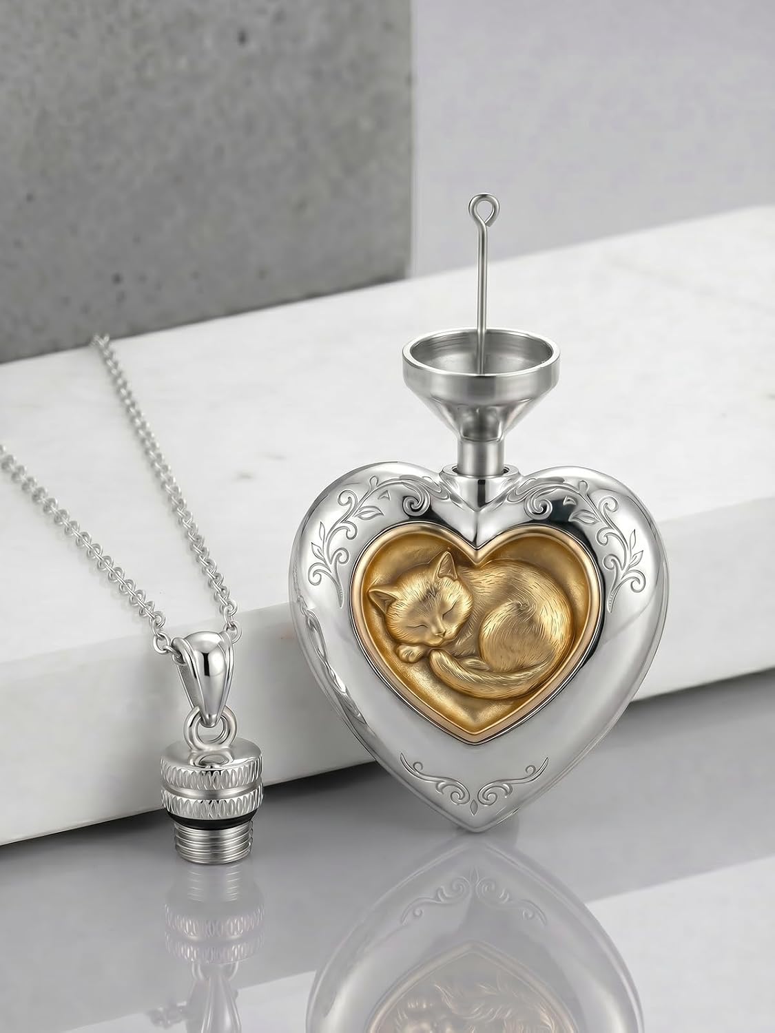 Cat/Dog Cremation Urn Necklace 925 Sterling Silver Two-Tone Heart Pet Urn Necklace Ashes Keepsake Memorial Urn Necklaces for Ashes Adjustable 16+3 Inch with Funnel