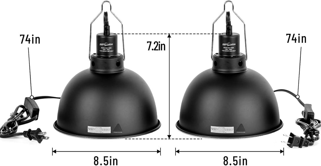 REPTI ZOO Reptile Light Fixture 2 Pack, 8.5inch Deep Dome Reptile Heat Lamp with Separate Switch and Hook, Basking Light Fixture for Bearded Dragon Snake Lizard, Suitable for E26 Bulbs Up to 150W