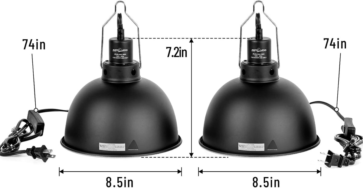 REPTI ZOO Reptile Light Fixture 2 Pack, 8.5inch Deep Dome Reptile Heat Lamp with Separate Switch and Hook, Basking Light Fixture for Bearded Dragon Snake Lizard, Suitable for E26 Bulbs Up to 150W