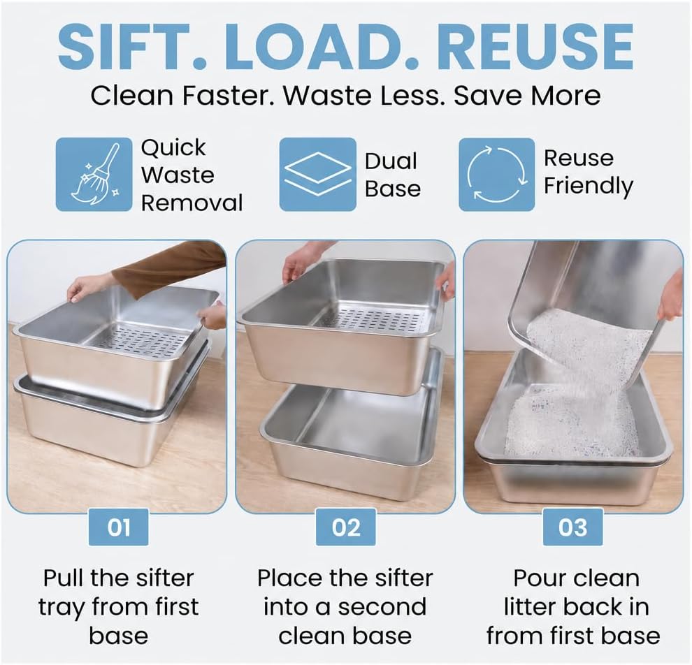 XL Stainless Steel Sifting Cat Litter Box with High Sides and Odor Control
