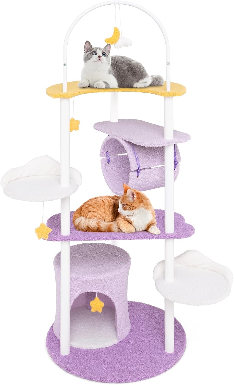 Tangkula Cute Cat Tree, 62 Inch Multi-Level Large Cat Tower with Metal Frame, Moon-Shaped Top Perch, Jumping Platforms, Cat Condo, Tunnel & Hanging Toys, Purple Cat Tree Tower for Indoor Cats