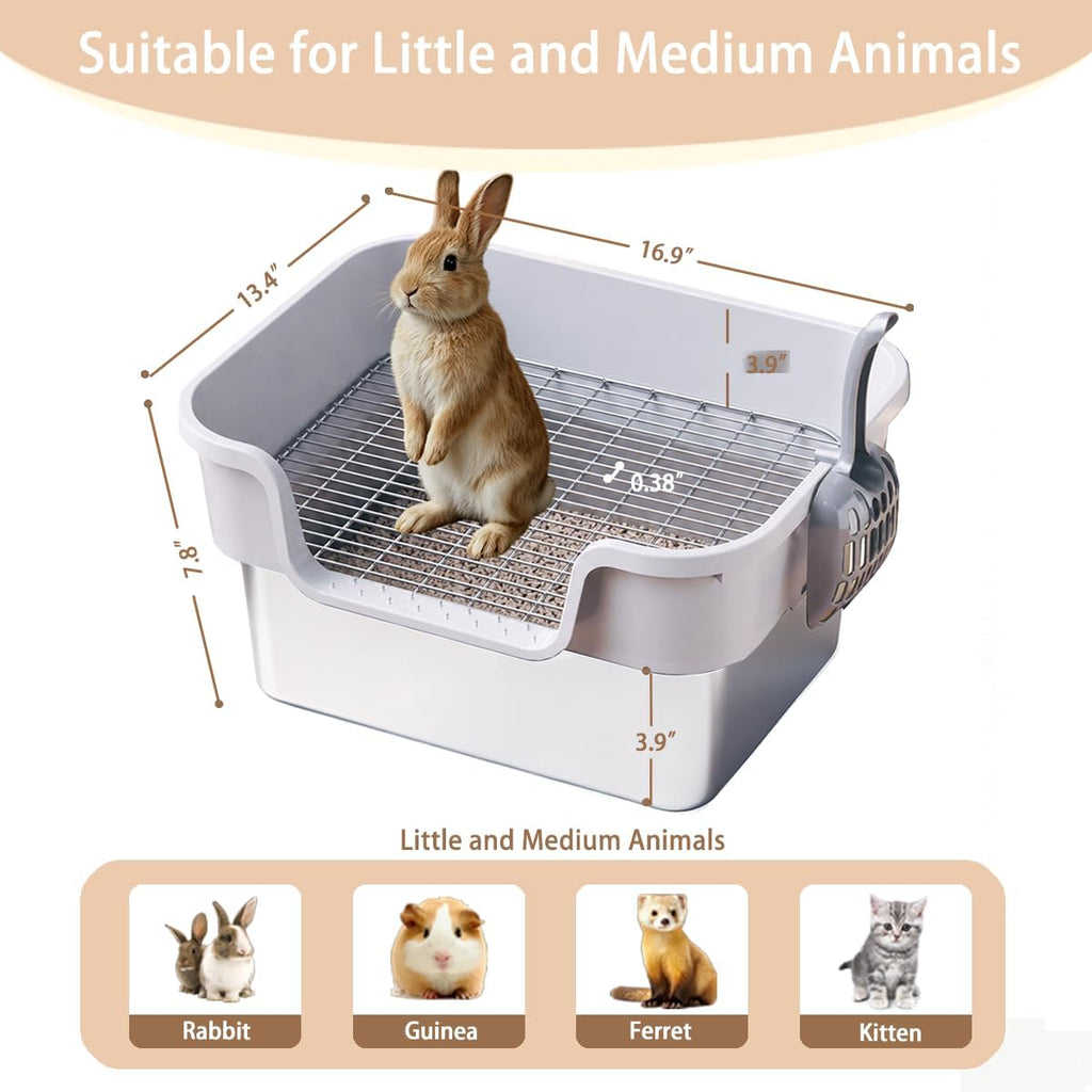 Stainless Steel Rabbit Litter Box with Grid High Side, 17"x13.4"x7.8" Easy Clean Metal Litterbox Pan with Sifting Tray for Small Medium Animals Pets Guinea Pig Kitten Ferret, Gray
