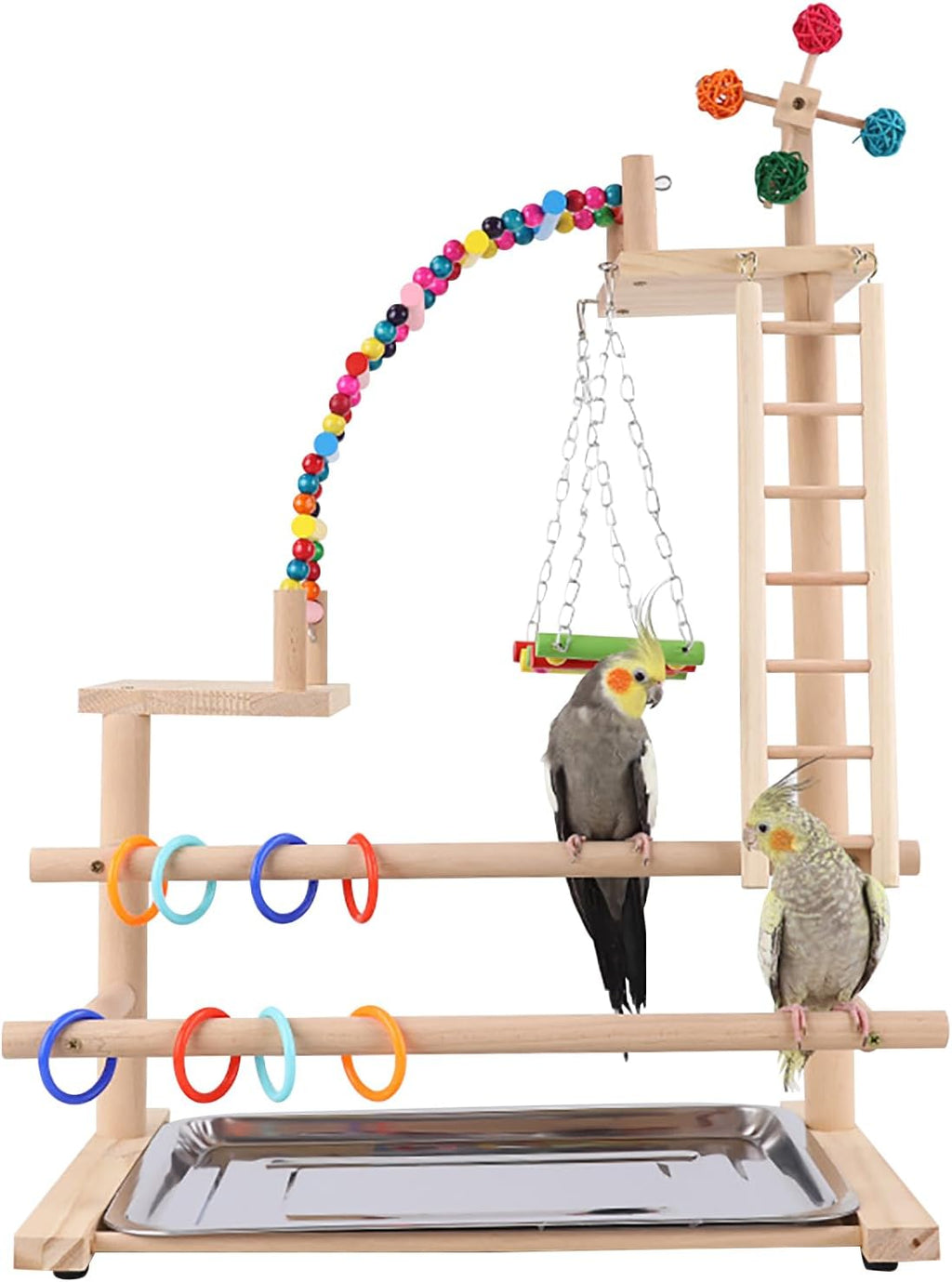 Bird Playground, Parrot Perch Stand, Natural Wood Playstand Play Gym with 2 Perches Stand, Bird Cage Accessories, Parrot Swing for Parakeet Conure Cockatiel Lovebird