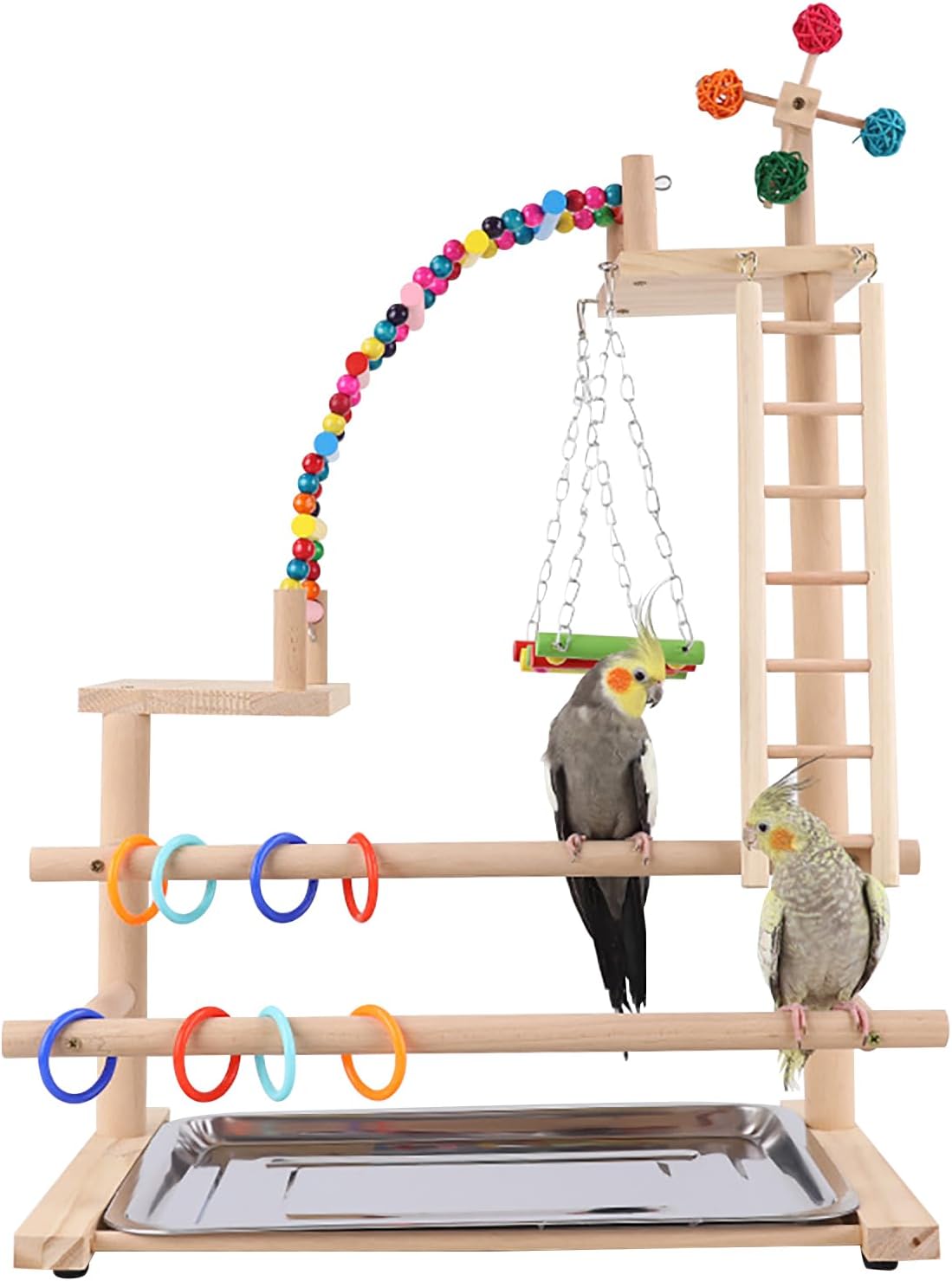 Bird Playground, Parrot Perch Stand, Natural Wood Playstand Play Gym with 2 Perches Stand, Bird Cage Accessories, Parrot Swing for Parakeet Conure Cockatiel Lovebird