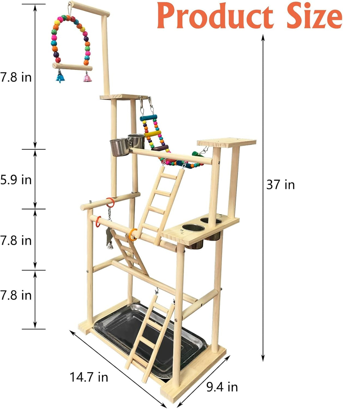 Hamiledyi Natural Wood Bird Playground Stand with 4 Large Layers - Exercise Perch for Parrots Cockatiels and Small Birds Indoor Bird Activity Center with Ladders and Swings