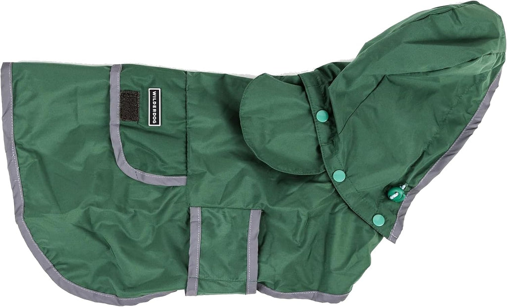 Wilderdog Dog Jacket Waterproof Raincoat with Breathable Interior, Removable Hood, Torso Strap, Secure Closures, Back Pocket and Two Hanging Loops, Foldable into Back Pocket