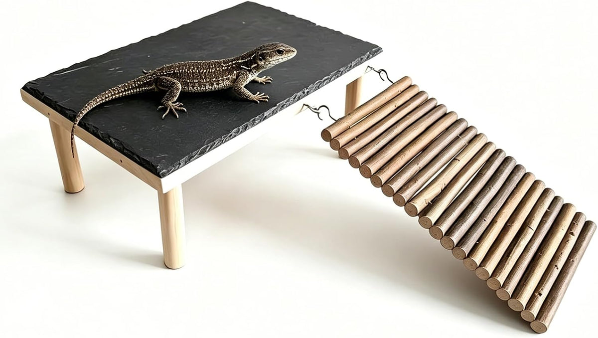Bearded Dragon Basking Platform with Climbing Ramp, Wooden Bearded Dragon Platform Reptile Basking Platform with Slate Stone for Bearded Dragons Leopard Geckos Lizards Turtles Hamsters A