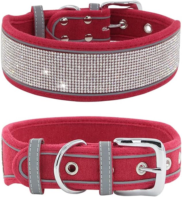 Rhinestone Dog Collar, Dazzling Sparkling Soft Suede Reflective Large Dog Collar Crystal Diamond Collar for Medium & Large Dogs (L:19-23", Red)