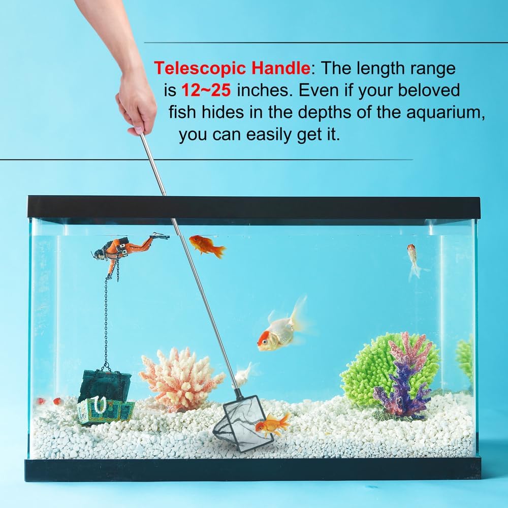 DaToo 8 Inch Aquarium Fish Net for Betta Fish Tank Nano Nylon Net with Extendable Handle 12-25 Inch, 1 Yr Warranty