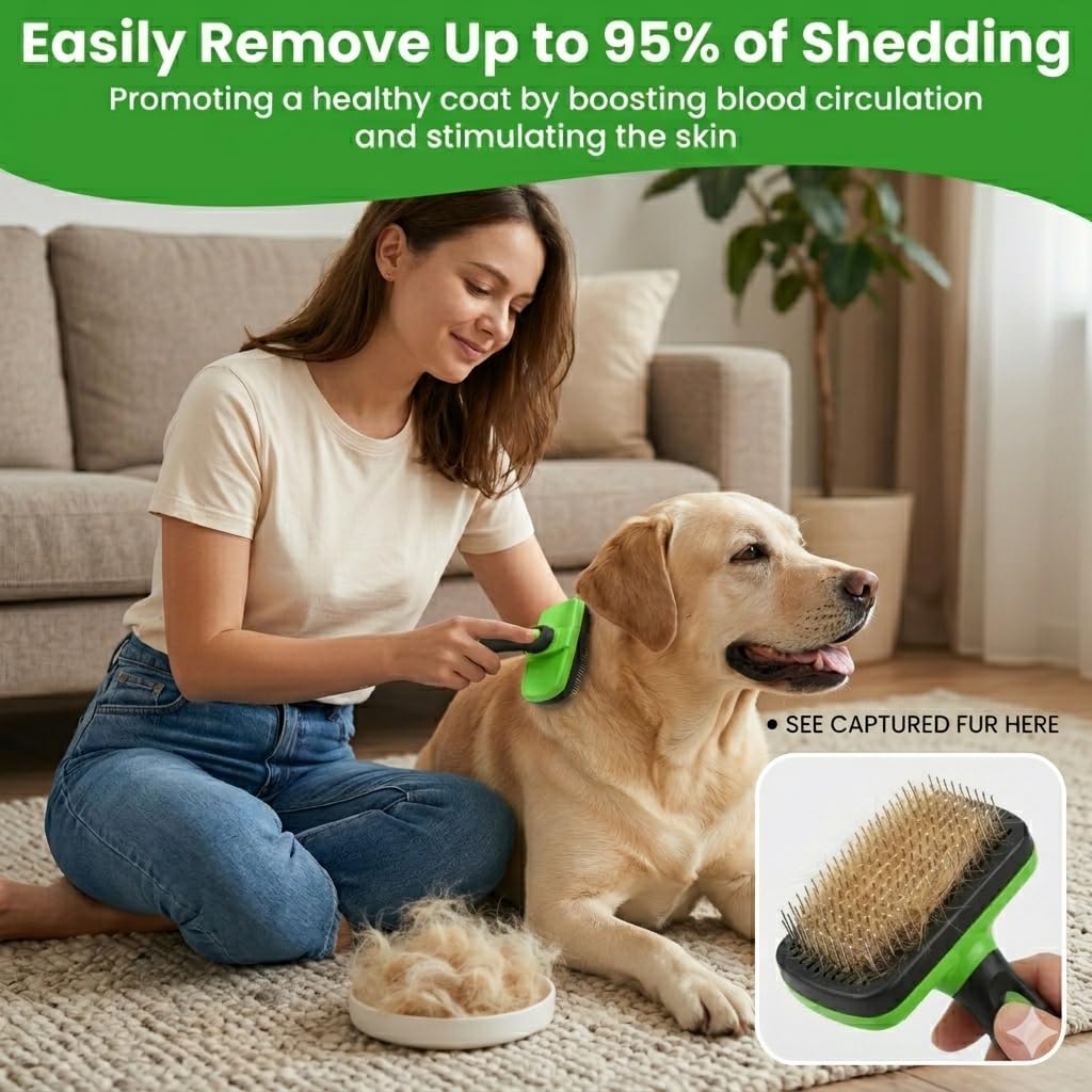 2 Piece Set- Pet self Cleaning Slicker Brush for Dogs and Cats, and Upgraded electrostatic, Washable pet Hair Removal Glove for Clothes and Furniture, pet Grooming Supplies for Shedding Problems