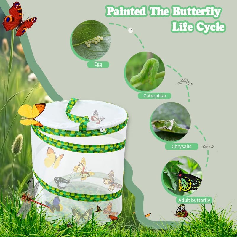 Butterfly Growing Kit- Pop Up Foldable Butterfly Habitat Cage -7.8" x 11" Tall - Clear Mesh Enclosure Terrarium