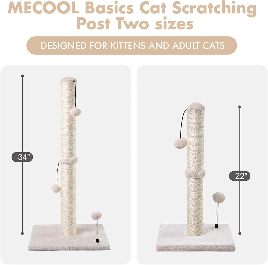 MECOOL 34” Tall Cat Scratching Post Premium Basics Kitten Scratcher Sisal Scratch Posts Trees with Hanging Ball for Indoor Cats, Beige