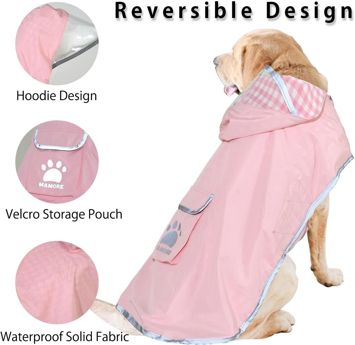 MAMORE Dog Raincoat Reversible,Waterproof Dog Rain Coat Hooded Slicker Poncho with Reflective Strip, Plaid Double Layer Rain Jacket for Small Medium Large Dogs (Pink, X-Large(37-55lb))