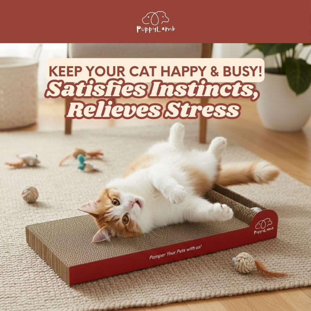 PuppyLamb 2-in-1 Cat Scratcher Board with Interactive Rolling Bell Ball - Durable Corrugated Cardboard Scratching Pad, Heavy Duty Furniture Protector & Stress Relief Toy (16.5")