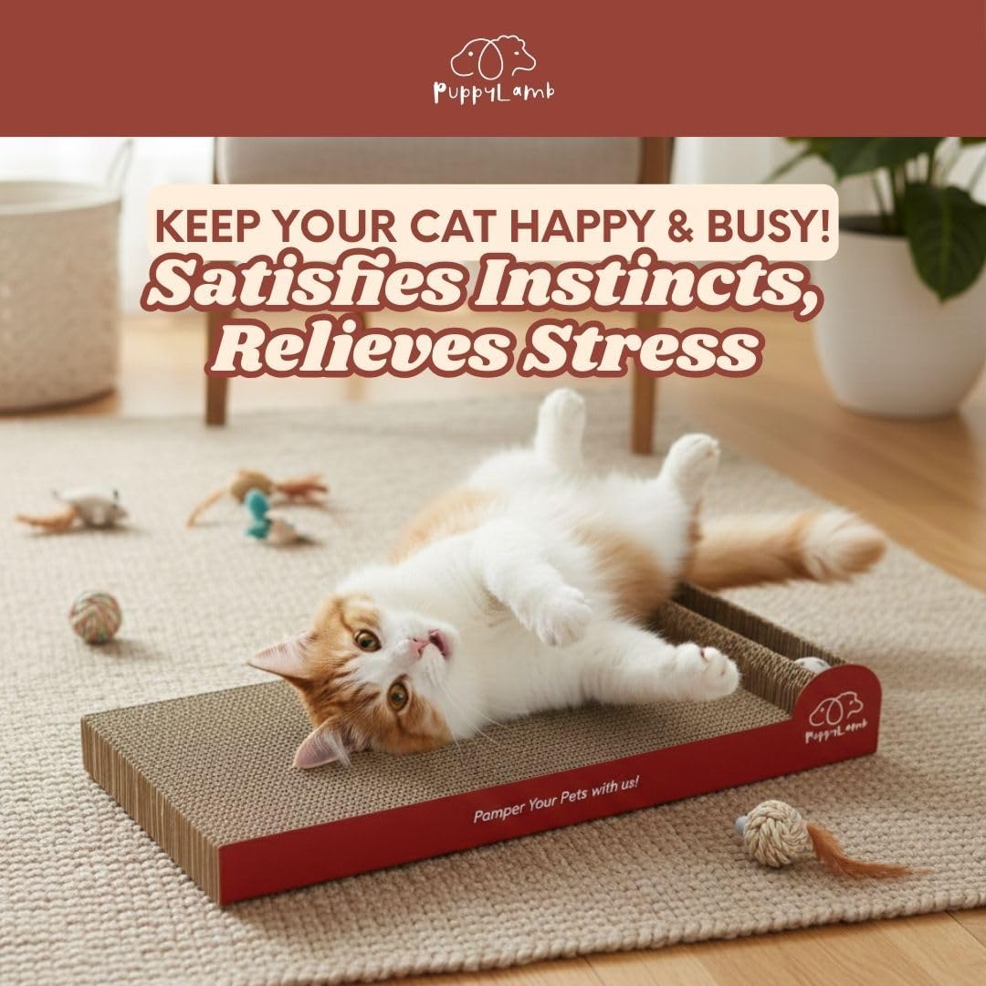 PuppyLamb 2-in-1 Cat Scratcher Board with Interactive Rolling Bell Ball - Durable Corrugated Cardboard Scratching Pad, Heavy Duty Furniture Protector & Stress Relief Toy (16.5")