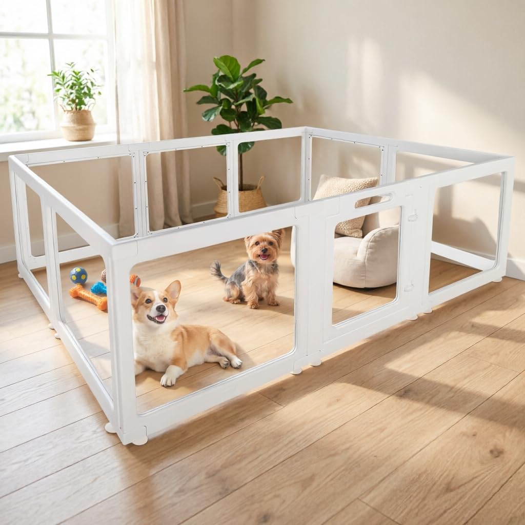 Clear Acrylic Plastic Dog Playpen with Door, 23.6"H Transparent DIY Puppy Cat Pet Play Pen, Modular Fence for Dog, Cat, Pig, Rabbit, Ferret, Easy Assemble Dog House Crate Kennel Whelping Cage