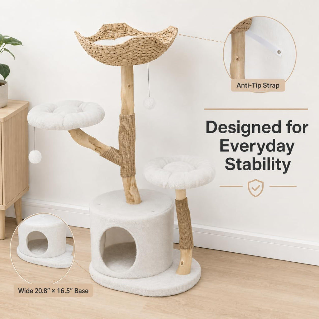 41“ Solid Wood Cat Tree Tower, Modern Cat Tree Aesthetic Multi-Level Flower Perches, Scratching Post, Luxury Boho Cat Furniture Condo & Wicker Basket for Indoor Cats