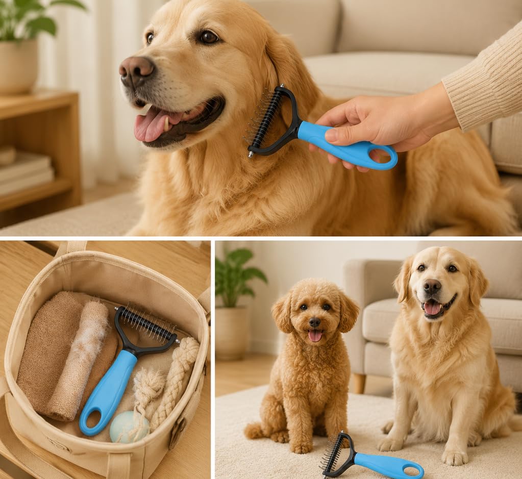 Dog Pro Grooming Tool - Dual-Sided Deshedding Dog Brush and Dematting Comb for Dogs & Cats, Undercoat Rake for Dogs, Comfortable Pet Grooming Brush, Dog Grooming Supplies