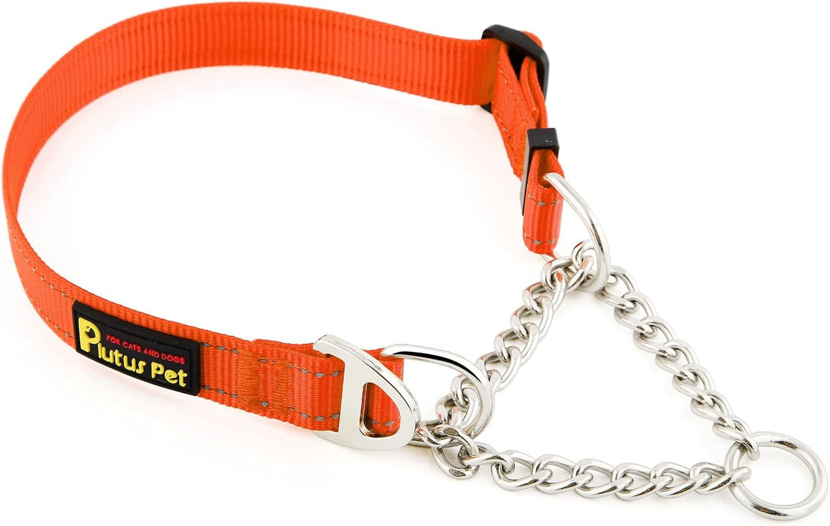 Plutus Pet Martingale Dog Collar with Stainless Steel Chain, Orange, L