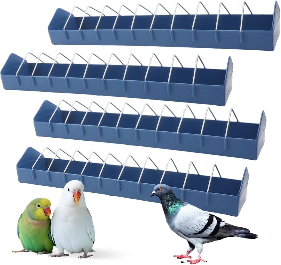 4 Pack Large Size Pigeon Feeder 11 Slot Plastic Thick Container Trough Dish Food Dispenser Less Waste with Removable Steel Wires for Pigeons Quails Birds Chicks Ducklings Poultry (Length, 23.6 inches)