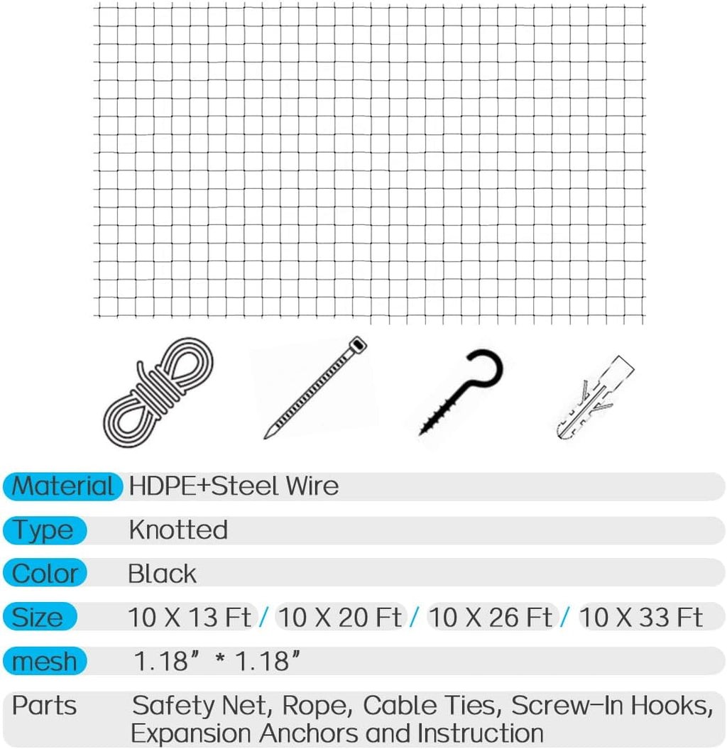 Cat Balcony Net, Steel Wire Reinforced, Anti-Fall Fence, Safety Net, Extra Strong (10 X 33 Ft)