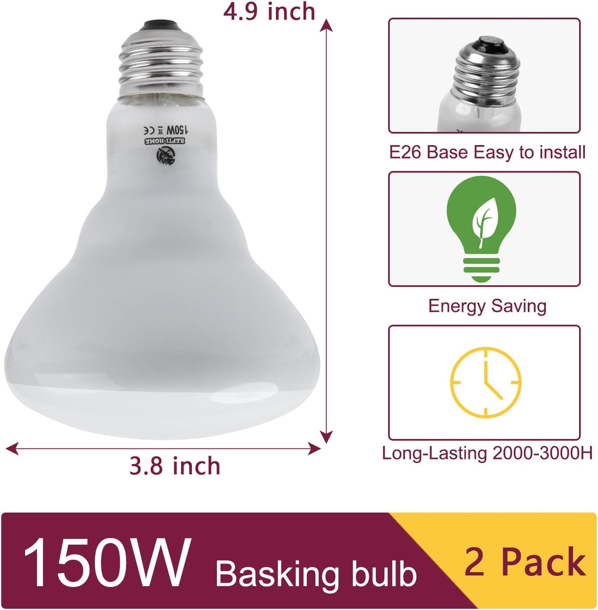 150W Reptile Heat Lamp Bulb 2 Pack,Basking Spot Lamp Bulb for Reptiles & Amphibians，Reptile Daylight Heat Bulb for Bearded Dragon, Lizard, Turtle