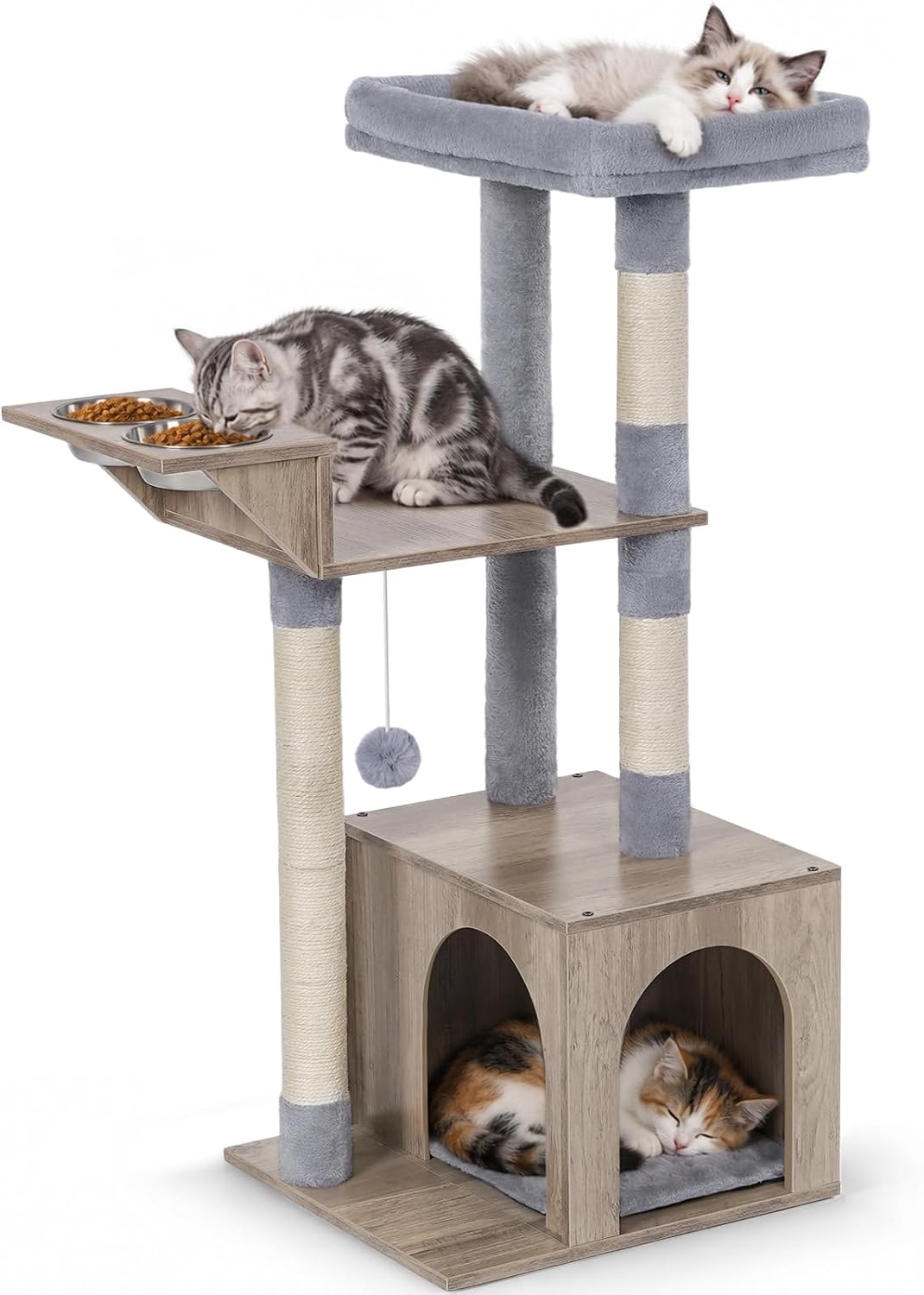 Snughome Small Cat Tree Tower for Indoor Cats, 37.4’’ Cat Tree with Feeding Station & Sisal Scratching Post for Kittens, 3-in-1 Activity Cat Tower with Cat Condo, Hanging Ball for Play Rest, Grey