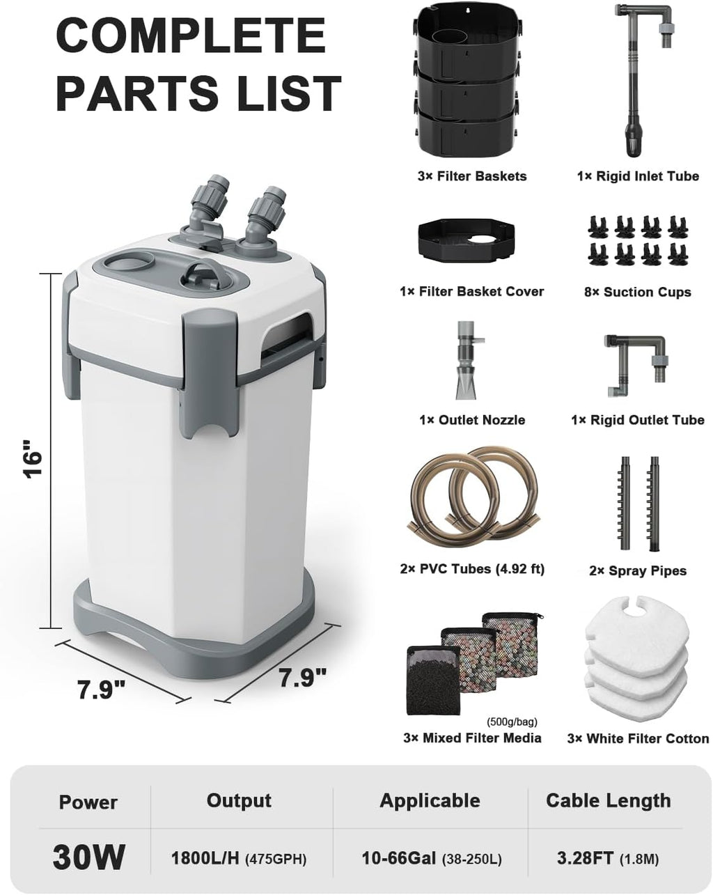 fishkeeper Self-Priming Quiet Canister Filters for Aquarium, 30W (1800L/H)