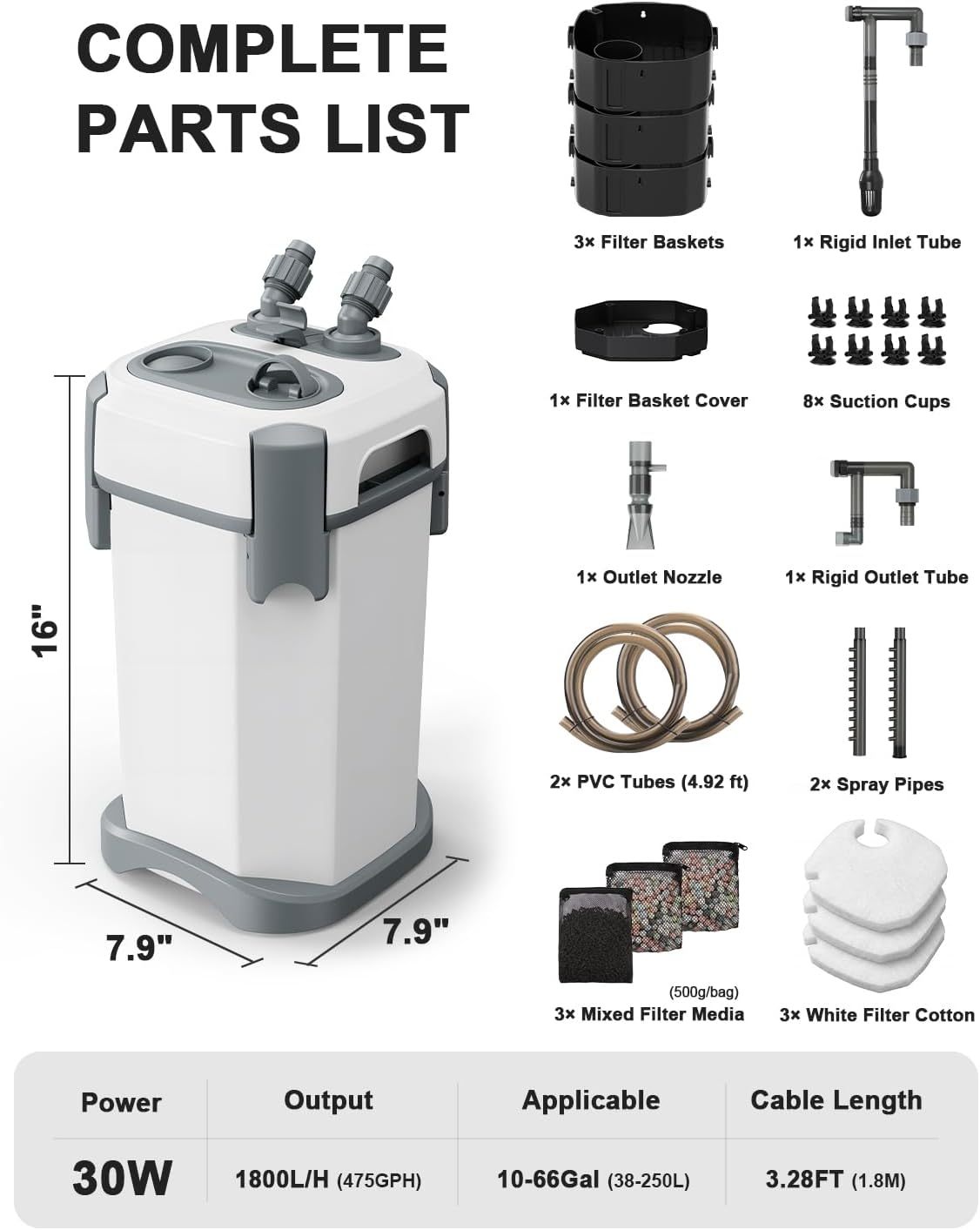 fishkeeper Self-Priming Quiet Canister Filters for Aquarium, 30W (1800L/H)