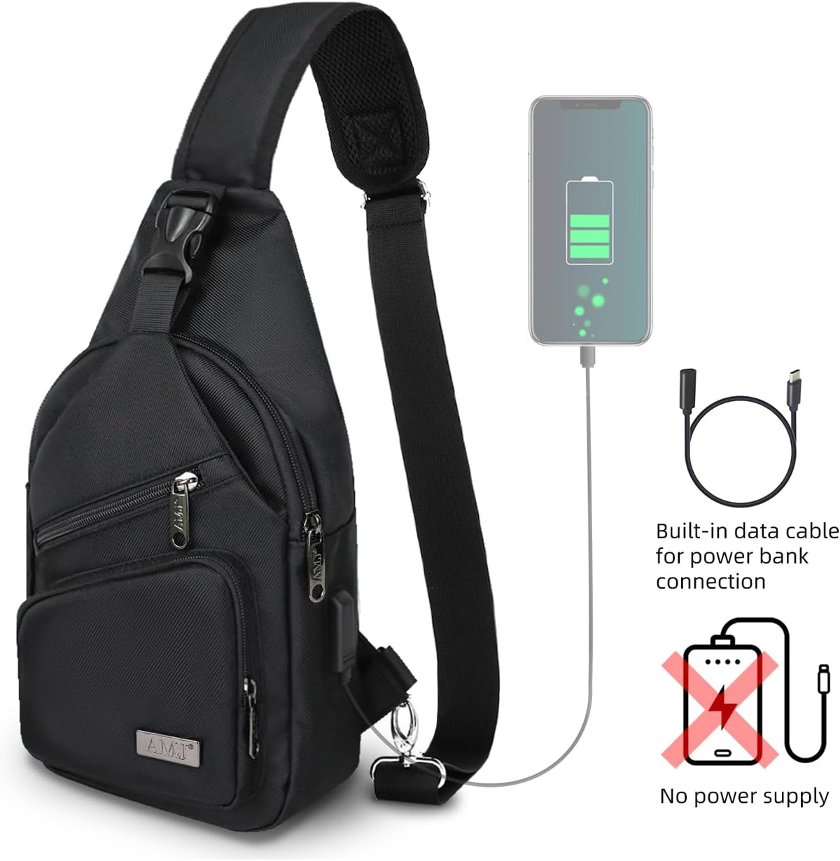 Sling Bag for Men, Upgraded Type-C Charging Port Casual Shoulder Chest Bag, Crossbody Sling Bag, Casual Shoulder Backpack, Chest Daypack Satchel for Hiking Travel (Black, Small)