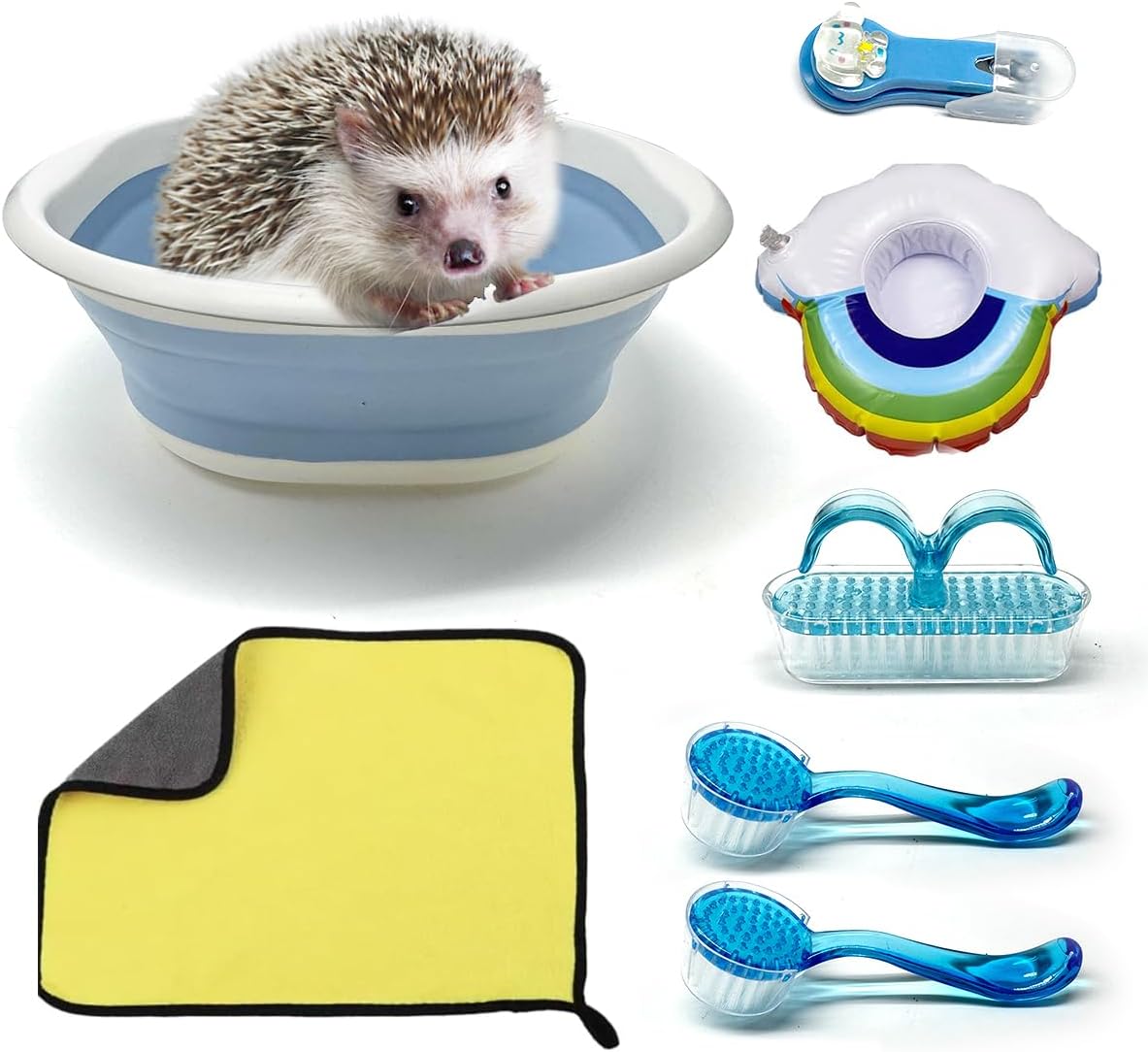 7 Pcs Hedgehog Bath Supplies Kit, Small Animal Bath Supplies Include Bathtub, Nail Clippers, Cleaning Brushes, Towel, Swim Ring for Pet Hamster Hedgehog Guinea Pig Rabbit Cat Kitten