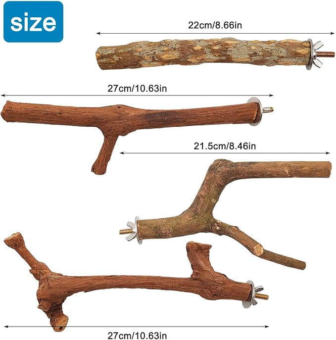 4 Pcs Natural Wooden Bird Perch Parrot Stand, 2 Grape Wood Perches, A Stand - Image 2