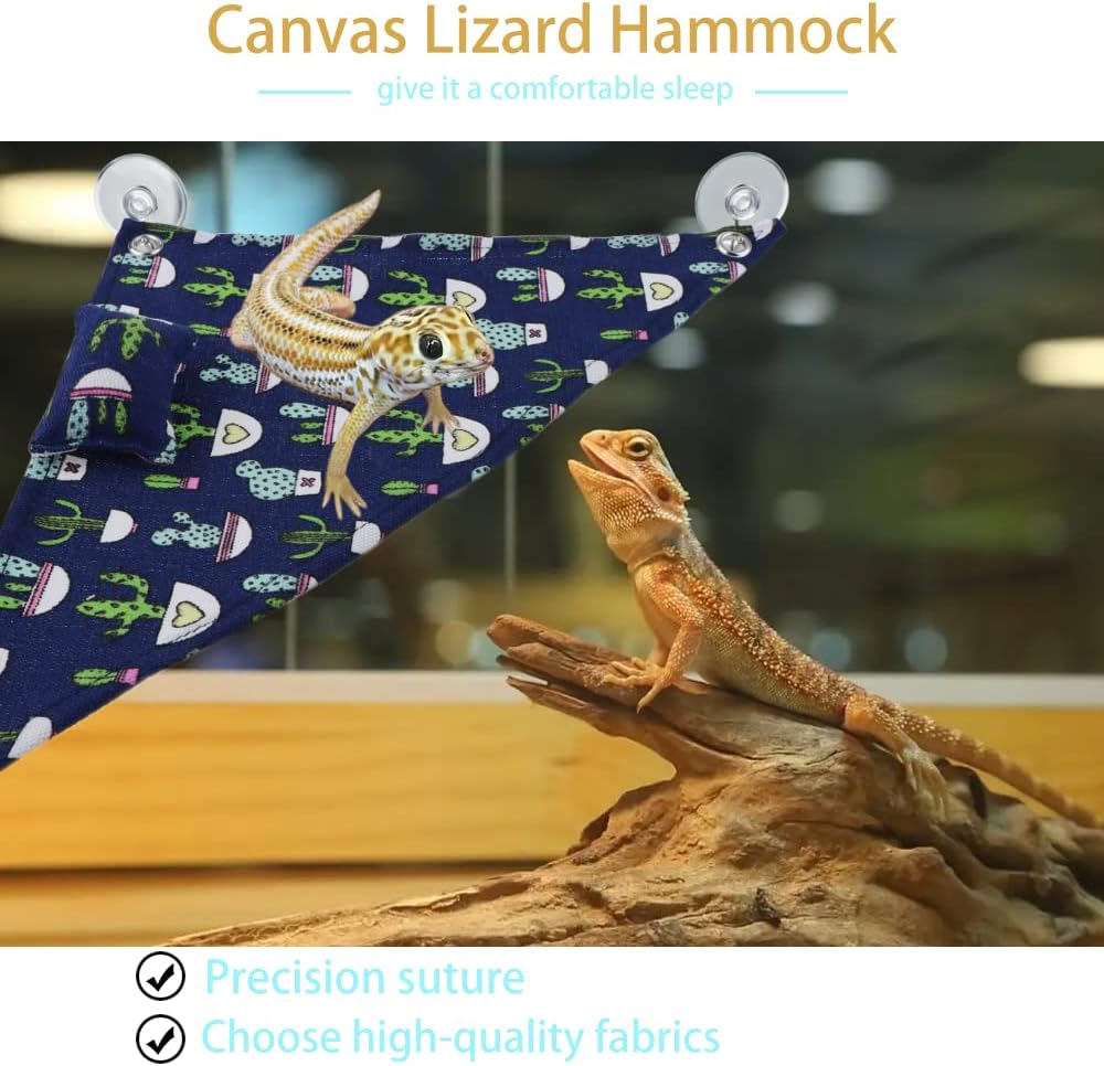 DQITJ 2 Pcs Reptile Hammock with Small Pillow Swing Hanging Bed Lounger Ladder with Adhesive Hooks and Suction Hook for Lizard Leopard Gecko Bearded Dragon Rat (Beige and Blue)