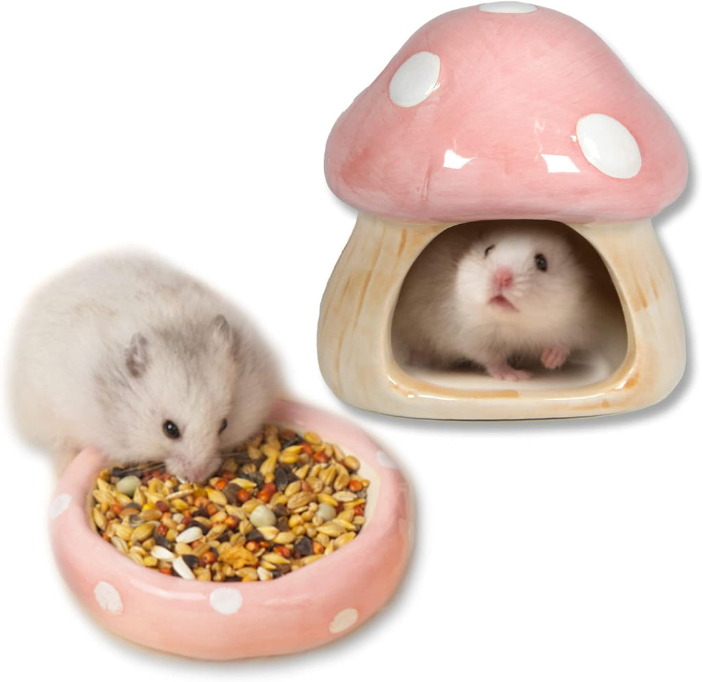 Ceramic Mushroom Hamster Hideout with Food Bowl, Small Animal House(Red)