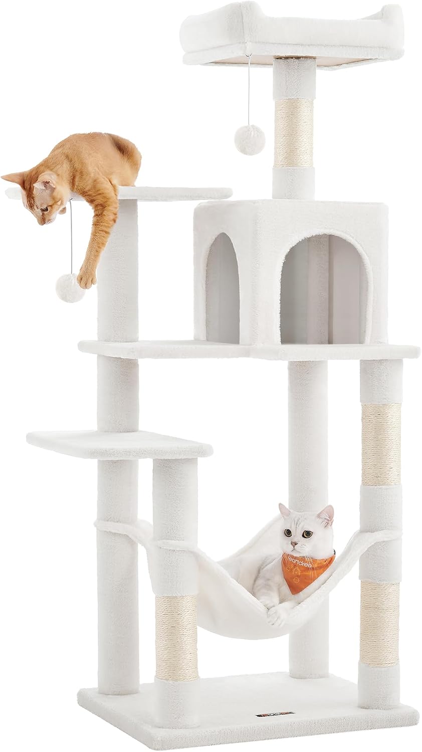 Feandrea Cat Tree, 59.5-Inch Tall Cat Tower, Multi-Level Condo, Beige