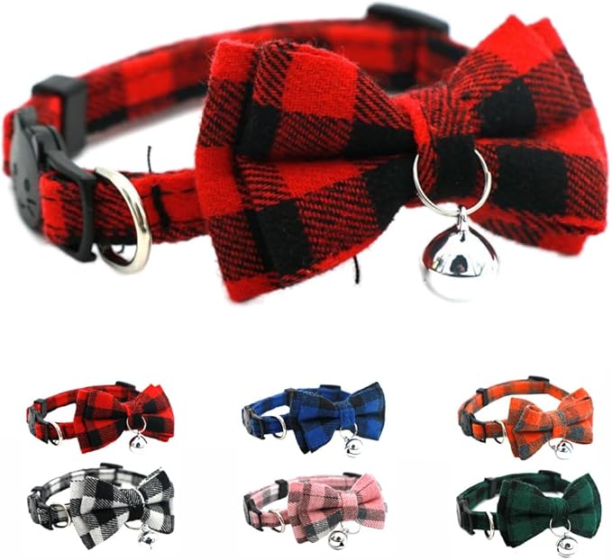 Red Plaid Cat Collar with Bell and Bow, Breakaway Kitten Collar with Bells by YOUALSO