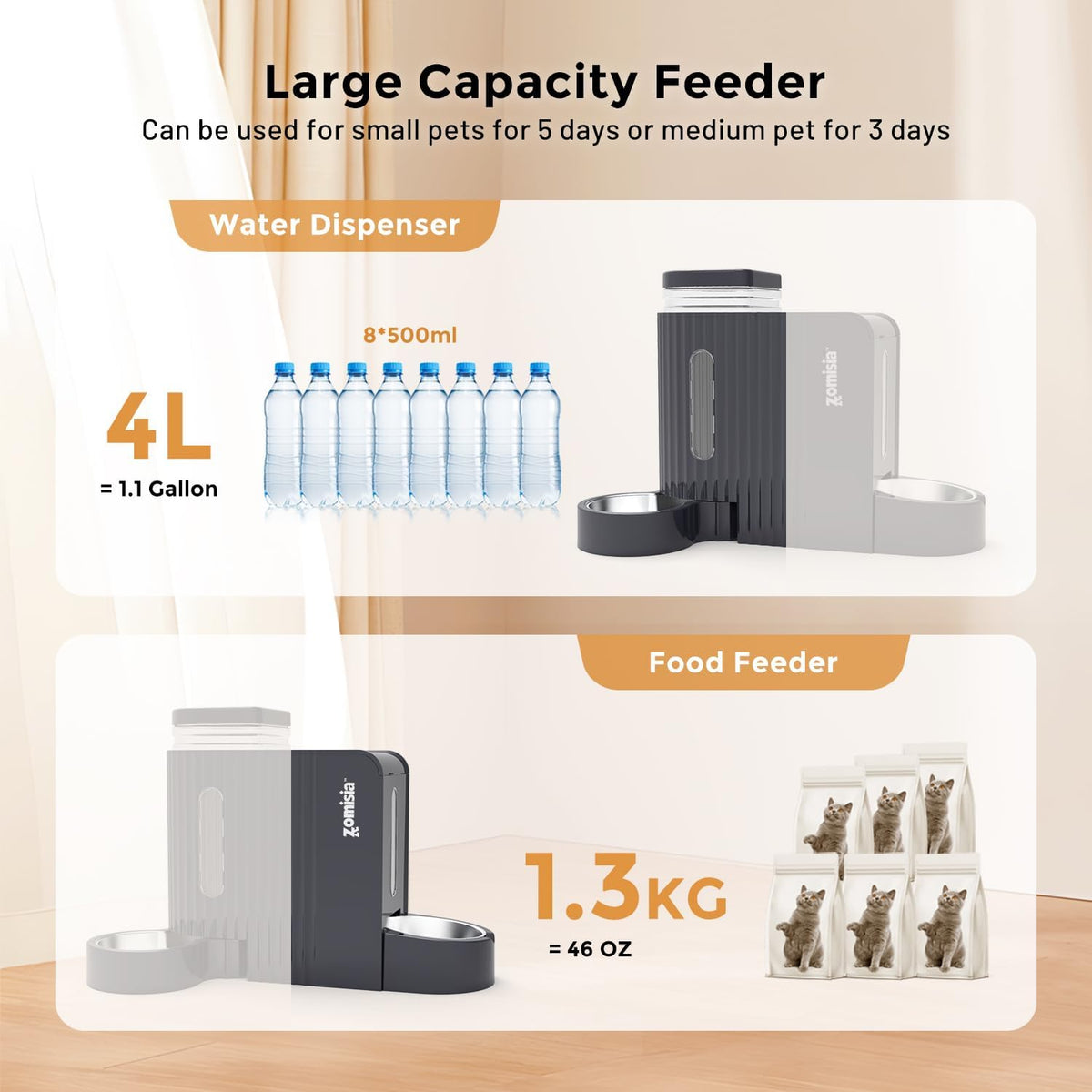ZOMISIA Gravity Cat Food and Water Dispenser, 2 in 1 Automatic CatFeeder