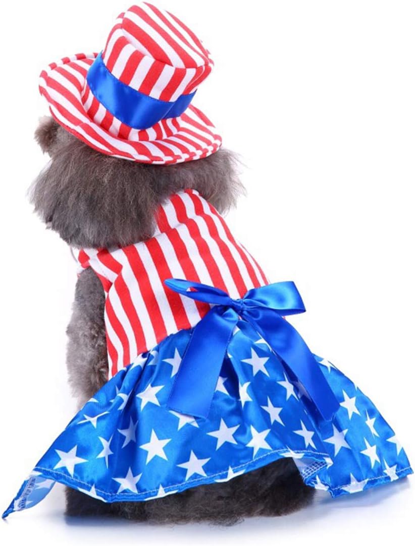 GabeFish Dog 4th of July Dress, Uncle Sam Costume for Pets, Cats Independence Day Clothes Apparel Girl Small