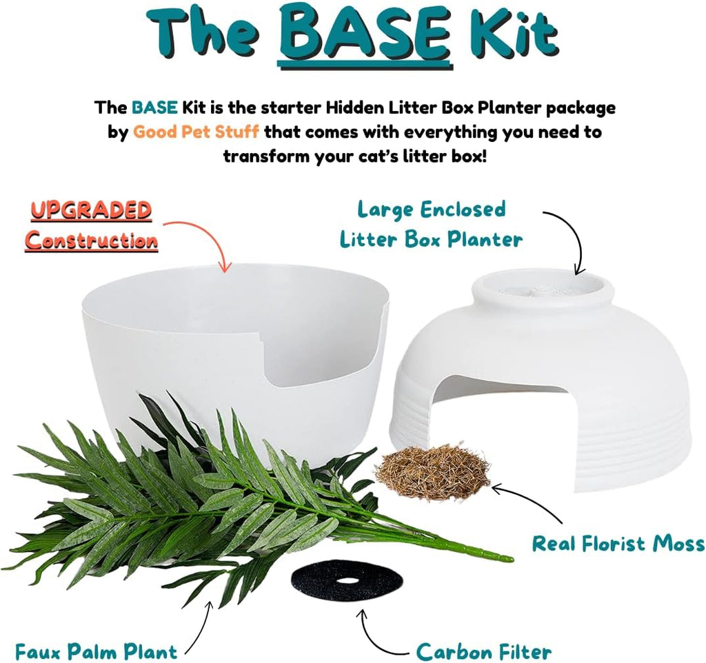 Good Pet Stuff Original Hidden Litter Box Planter, Decorative Cat Litter Enclosure with Carbon Filter, Artificial Palm Plant, Upgraded Design, Easy to Clean, Base Kit, White Birch