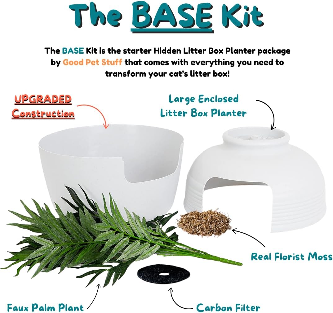 Good Pet Stuff Original Hidden Litter Box Planter, Decorative Cat Litter Enclosure with Carbon Filter, Artificial Palm Plant, Upgraded Design, Easy to Clean, Base Kit, White Birch