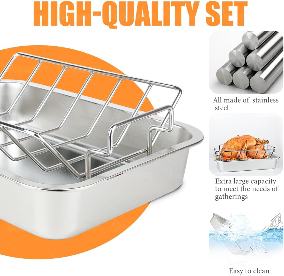 Turkey Roaster Roasting Rack with Pan for Oven, Stainless Steel