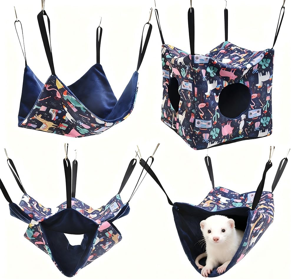 4 Pack Ferret Hammock Set, Hanging Soft Small Animal Hammocks with Hideout,Tunnel and Double Layer,Cage Accessories for Ferret,Rats,Sugar Glider,Squirrel (Pink)