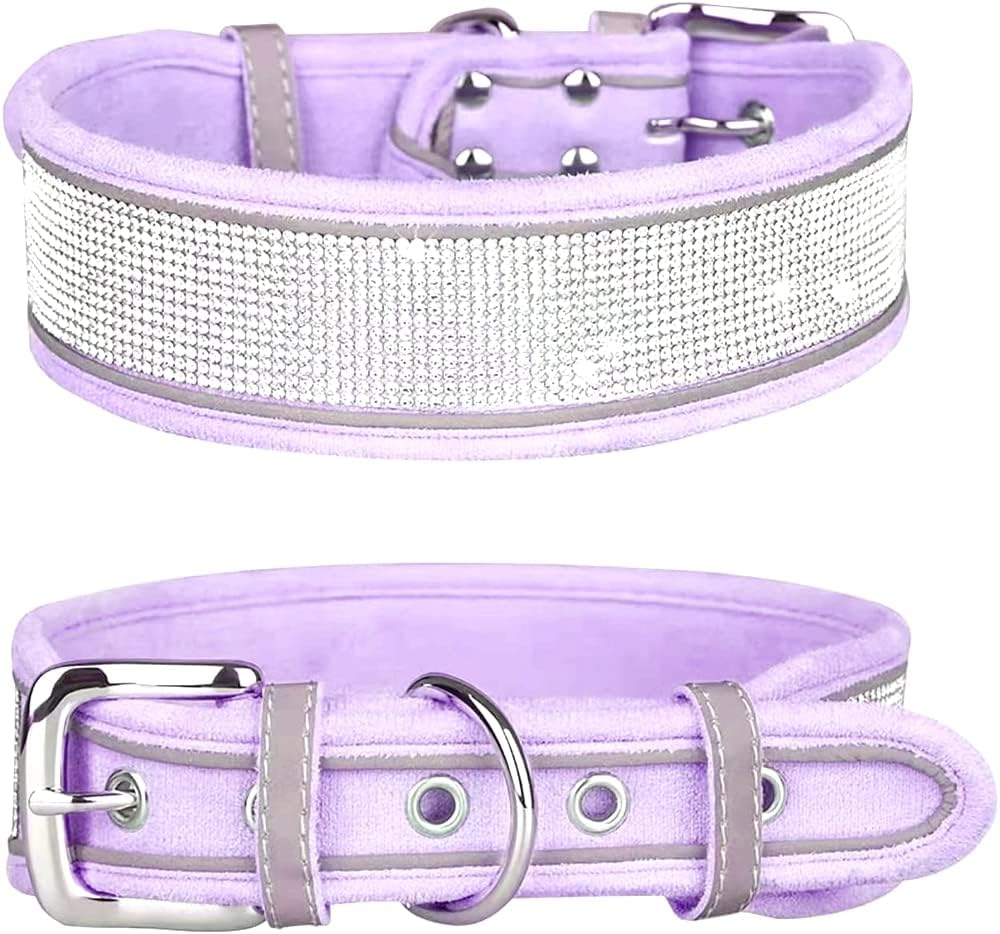 Rhinestone Dog Collar, Dazzling Sparkling Soft Suede Reflective Large Dog Collar Crystal Diamond Collar for Medium & Large Dogs (L:19-23", Red)