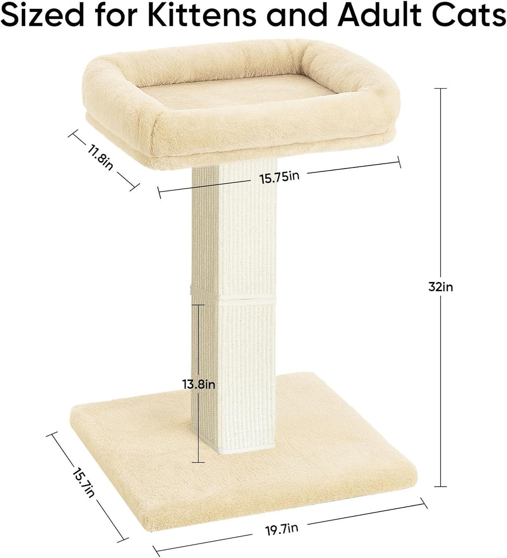Cat Scratching Post with Plush Perch for Indoor Cats, 32 Inch, Beige